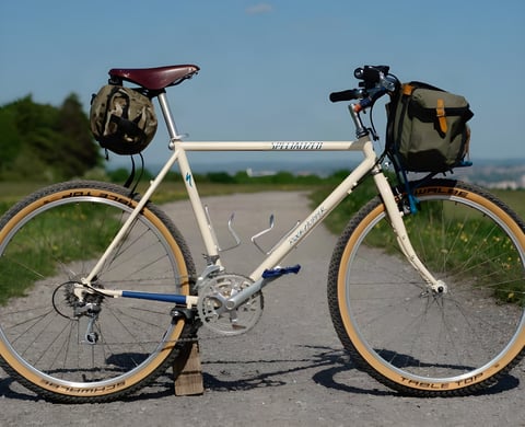 Cream Specialized Rockhopper converted to a gravel bike, with tan-wall Schwalbe tyres and canvas bags, on a gravel track.