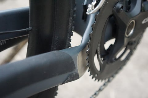 Canyon Grizl dropped drive-side chainstay with its metal reinforcing plate beside the chainring.