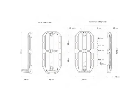 Dimension drawing of the small Tailfin Cargo Cage: 157.2 mm long, 72 mm wide, 17 mm deep without the Load Chip.