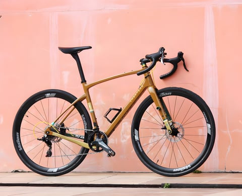 Chapter2 AO gravel bike in the bronze Earth Tones (Rangipo) finish leaning against a pink wall.