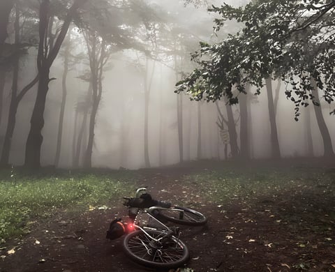 Loaded bikepacking bike lying in a misty forest clearing with its rear light glowing, on the Hungarian Divide.