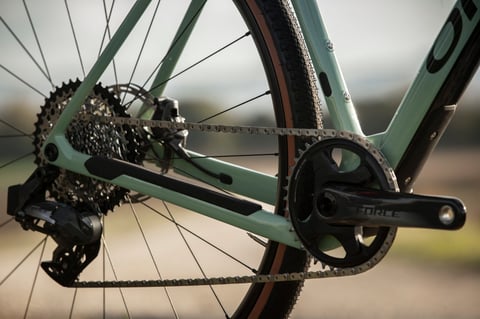 Orbea Terra drivetrain close up with SRAM Force 1x chainset, rear derailleur and dropped chainstay.