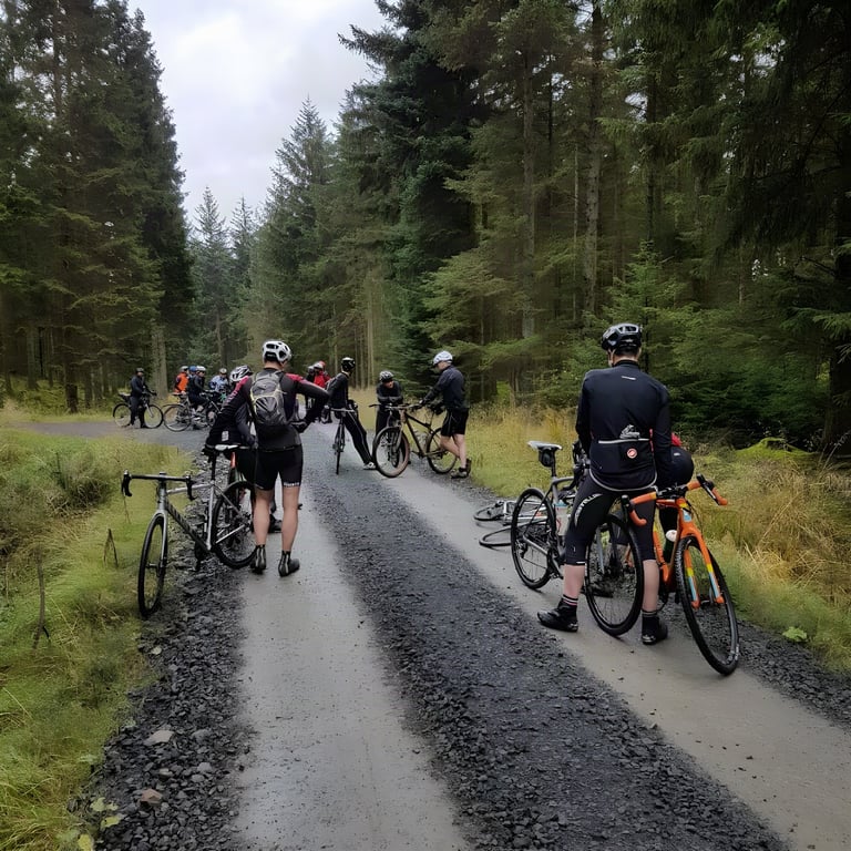 Gravel Rocks riders regroup on a forest gravel road at Kielder, bikes propped across the track.