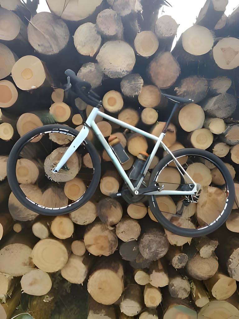 Pale gravel bike with drop bars propped against a stack of cut logs.
