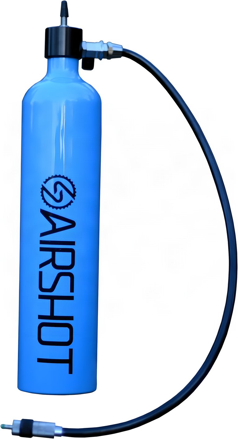 Airshot tubeless tyre inflator, a blue air cylinder with black valve head and hose, on a white background.