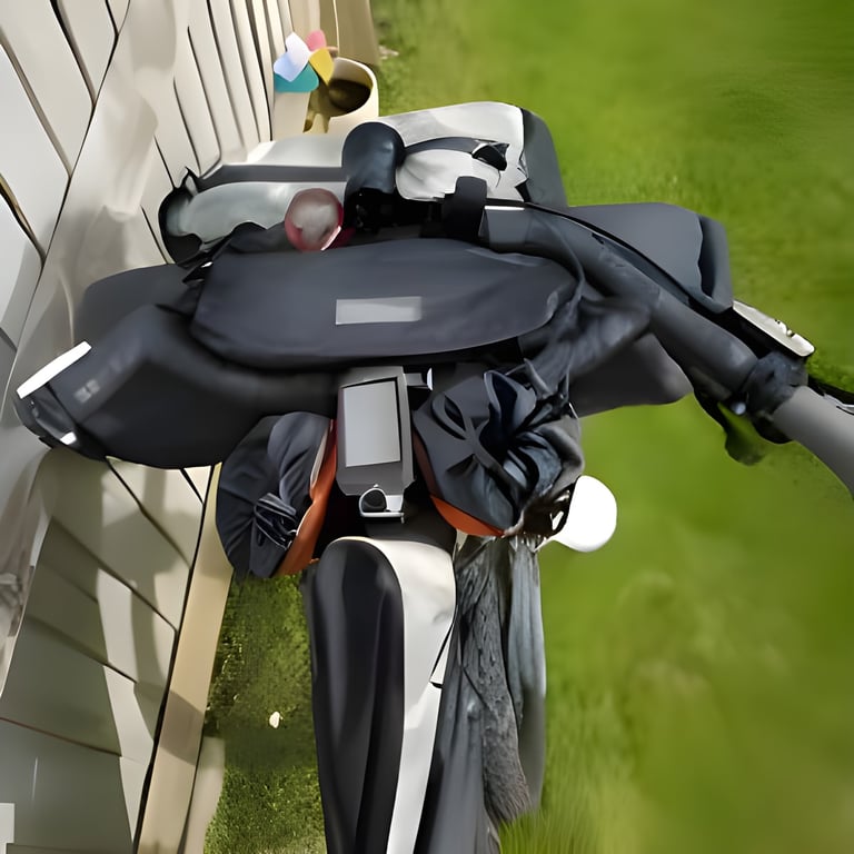Handlebar roll and bags on the Tour Divide bike, seen from above as it leans against a fence.
