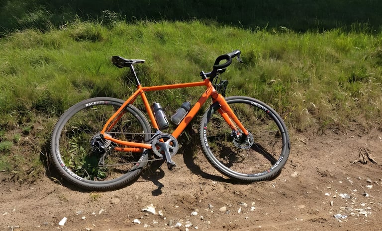 Flare Orange Mason Bokeh with Pacenti rims leaning against a grass bank beside a dirt track.