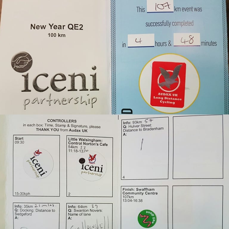 Completed Audax brevet card for the New Year QE2 100 km event, with control stamps and a 4 hour 48 minute finish.
