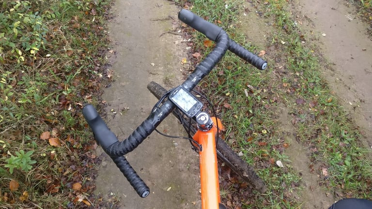 Easton EC70 AX bars wrapped in Lizard Skins DSP tape on an orange Mason Bokeh, seen from above on a leaf-strewn path.
