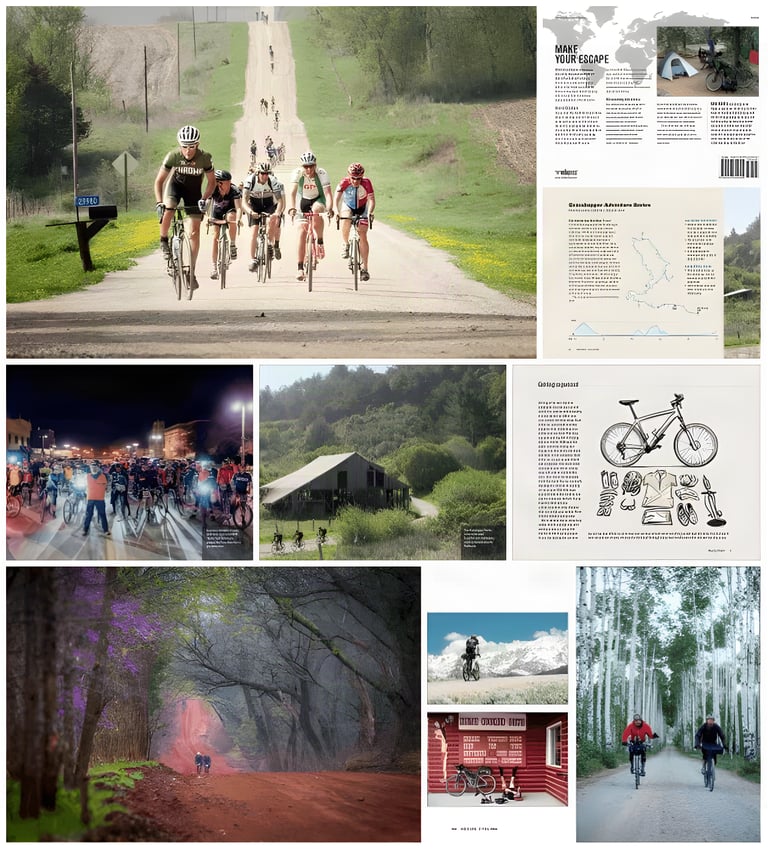 Spreads from Gravel Cycling by Nick Legan, with race photos, a route map and an illustrated kit list.