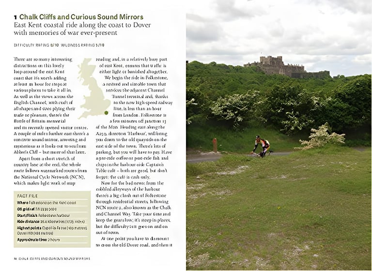 Wild Cycling ride 1 intro page, Chalk Cliffs and Curious Sound Mirrors, with a cyclist below a hilltop castle.