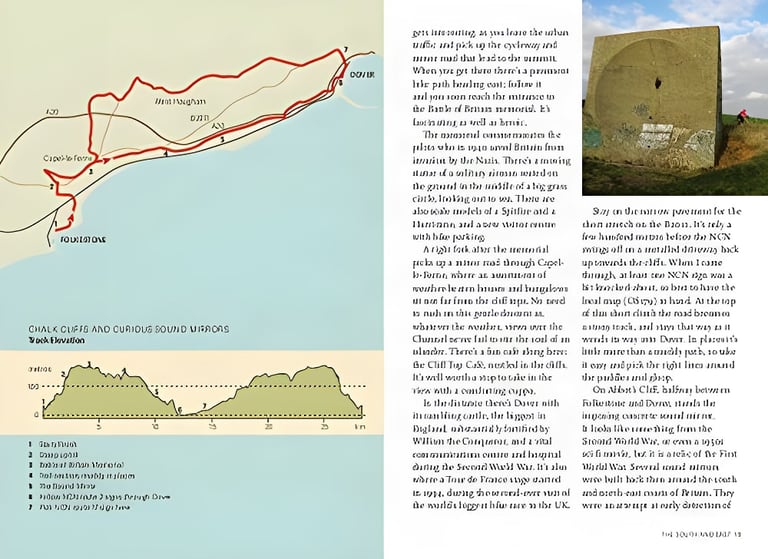 Wild Cycling route map and elevation profile for the Folkestone to Dover ride, beside a sound mirror photo.