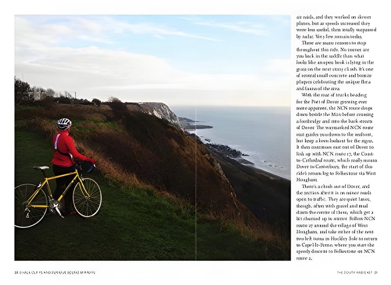 Wild Cycling guidebook spread with a cyclist and yellow road bike on a clifftop above the Kent coast.