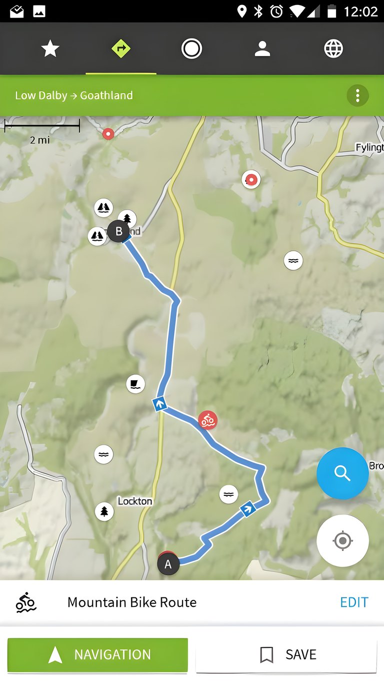 Komoot map view on a phone showing a mountain bike route from Low Dalby to Goathland.