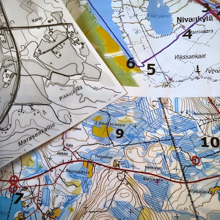 Overlapping Finnish topographic route maps with numbered waypoints for the Rovaniemi 66 fat bike race.