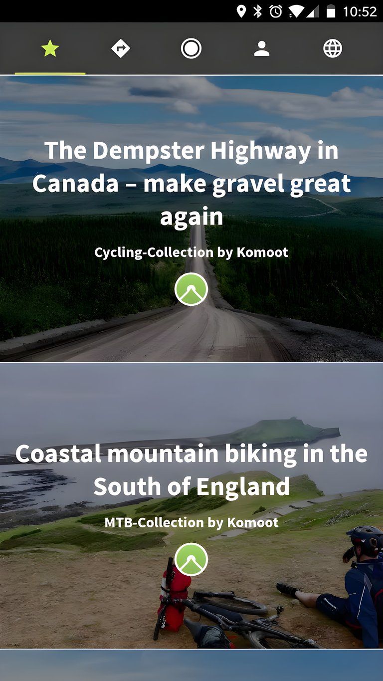 Komoot Collections screen listing the Dempster Highway in Canada and coastal mountain biking in southern England.