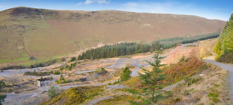 Gravel track curving through rough open ground and conifer plantation below a large Welsh hillside.