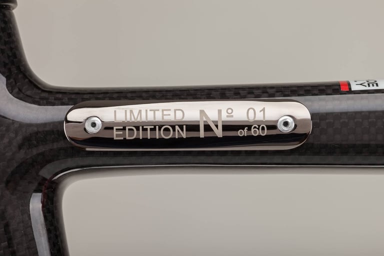 Close-up of the plate on a Full Dynamix Gravel C carbon frame engraved Limited Edition No 01 of 60.