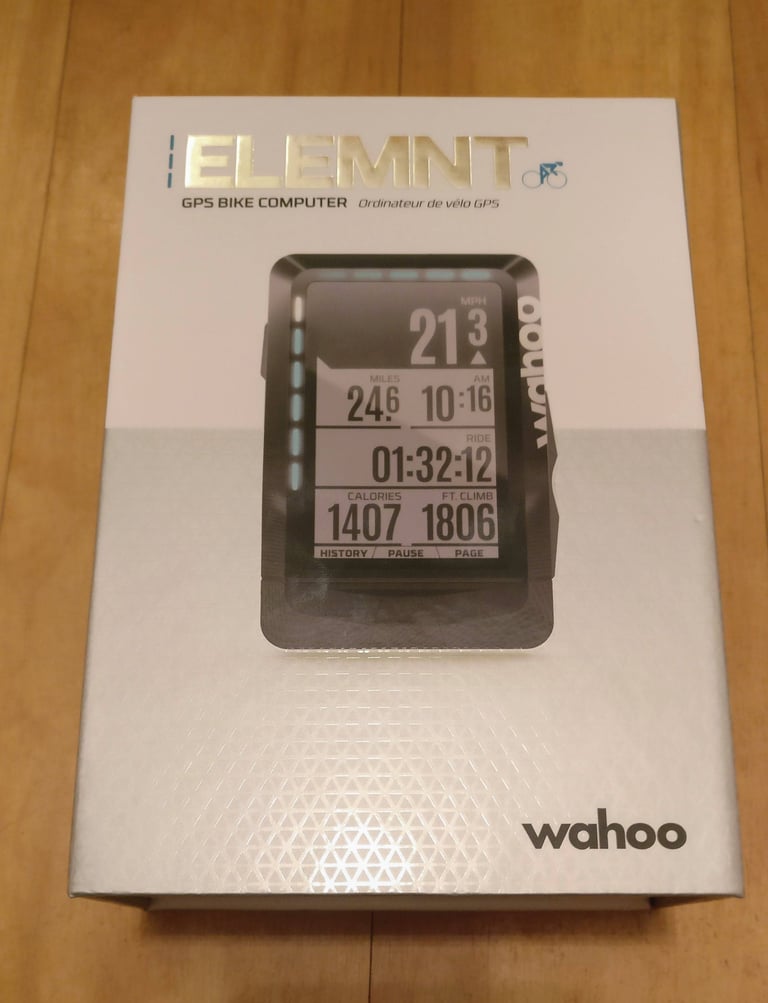 Front of the Wahoo ELEMNT GPS bike computer retail box, with the unit pictured on the packaging.