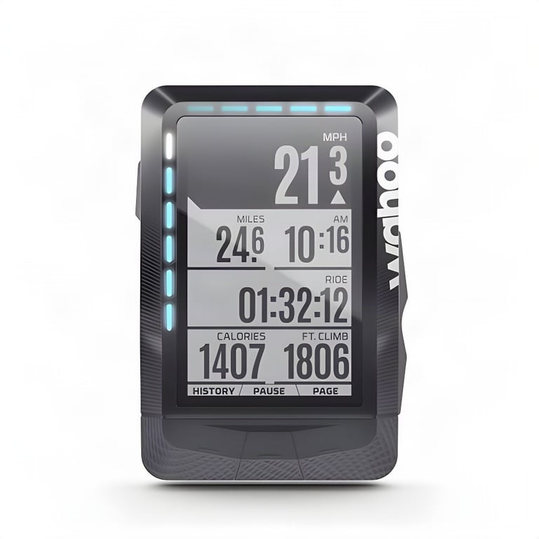 Wahoo ELEMNT data screen showing speed, miles and ride time, with LEDs lit around the bezel.
