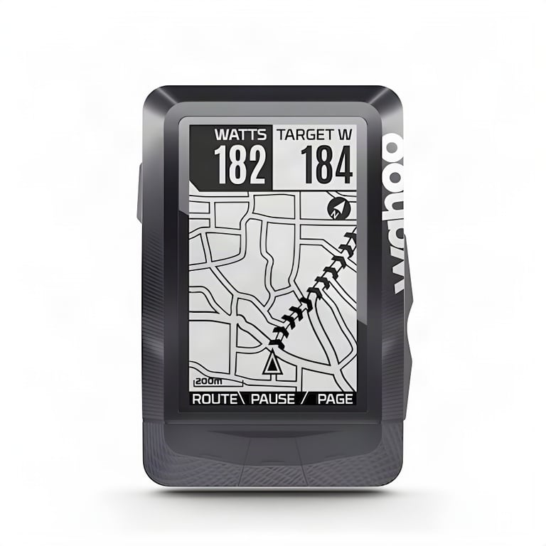 Wahoo ELEMNT map page with a chevron route line below watts and target watts data fields.