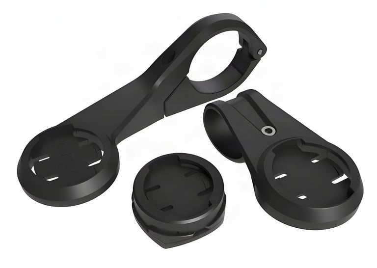 The three black plastic mounts supplied with the Wahoo ELEMNT: out-front, stem and aero-bar.