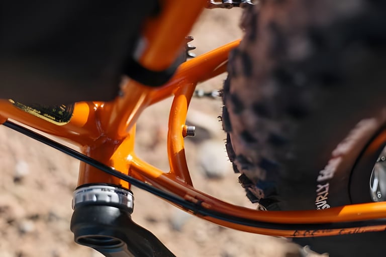 Close-up of the orange Surly Pugsley V2.0 frame, showing the rear tyre clearance beside the chainstay.