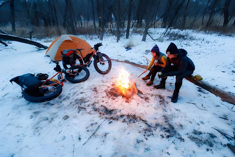 Two people sit by a campfire in the snow beside their Surly Pugsley fatbikes and an orange tent.