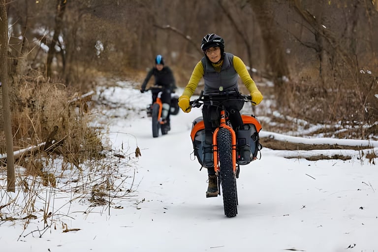 Two riders on loaded Surly Pugsley fatbikes follow a snowy woodland trail.