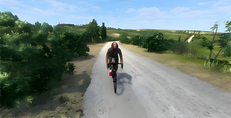 Road Grand Tours beta screenshot of a virtual cyclist riding alone along a white gravel road through green hills.