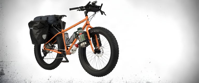 Orange Surly Pugsley V2.0 fatbike loaded with panniers, a bar bag and fork-mounted bottles, studio view.