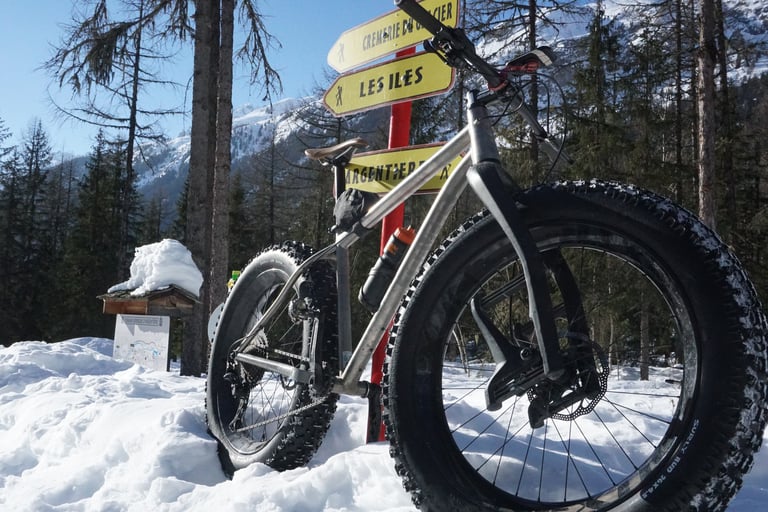 Travers Bat Fastard propped in the snow beside French trail signs for Les Iles, with forested slopes behind.