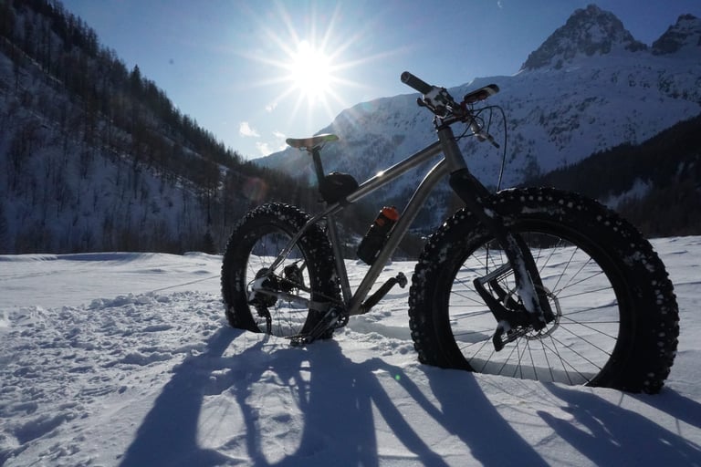 Travers Bat Fastard fatbike in deep snow, backlit by low winter sun with Chamonix peaks and pine woods behind.