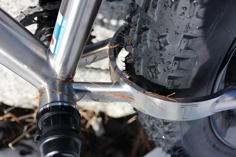 Horseshoe bottom bracket brace on the Travers Bat Fastard titanium frame, wrapped around the fat rear tyre.