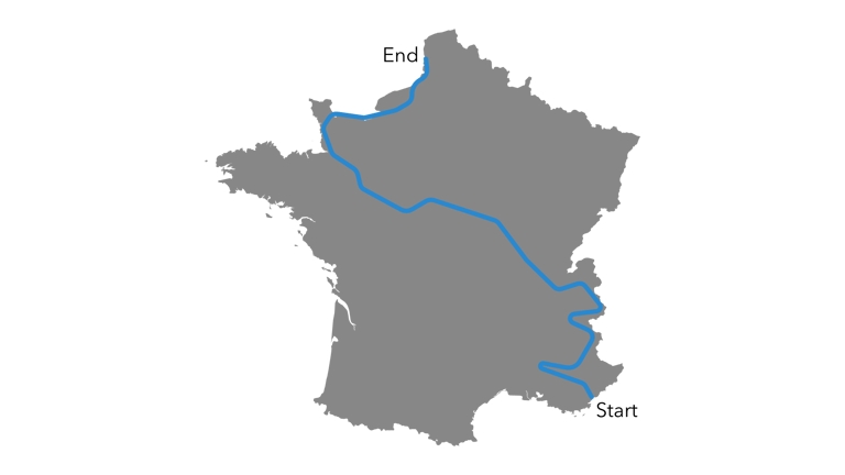Route map of Race Across France, running 2,600km from the start in the south-east to the finish in northern France.