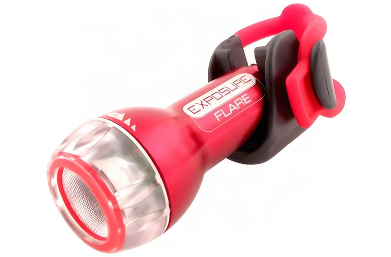 Exposure Flare rear light in red with a silicone strap mount, shown on a white background.