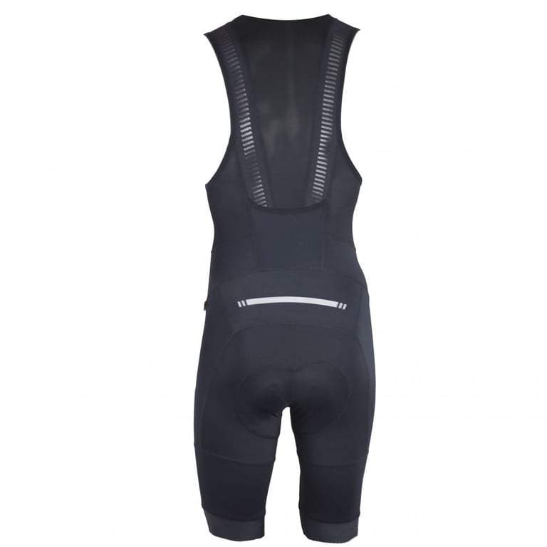 Galibier Classique Bib Shorts in black, rear view, with mesh straps and a reflective strip.