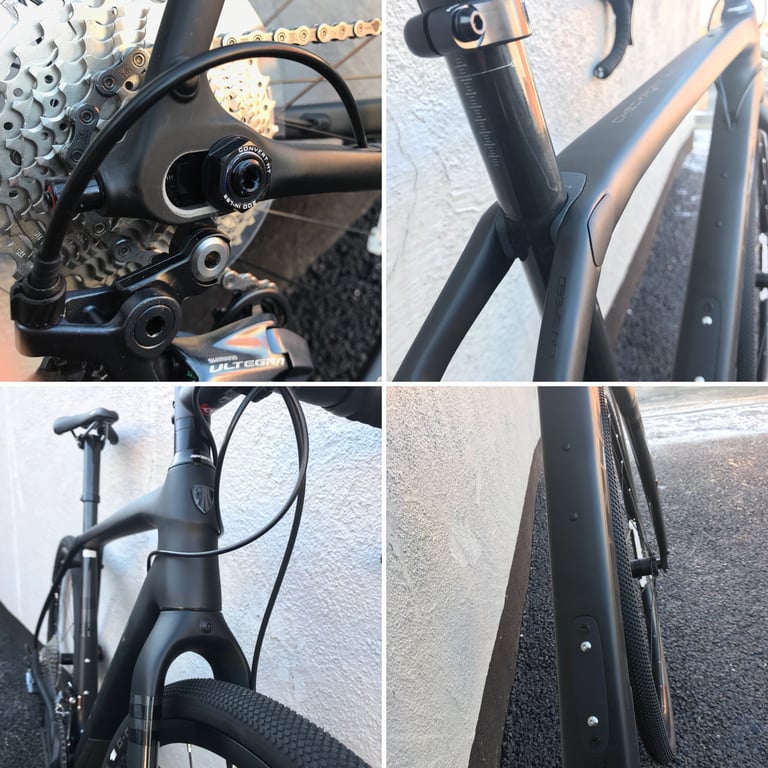 Four close-ups of the Trek Checkpoint SL: Stranglehold dropout, Isospeed seat tube, head tube and fork mounts.