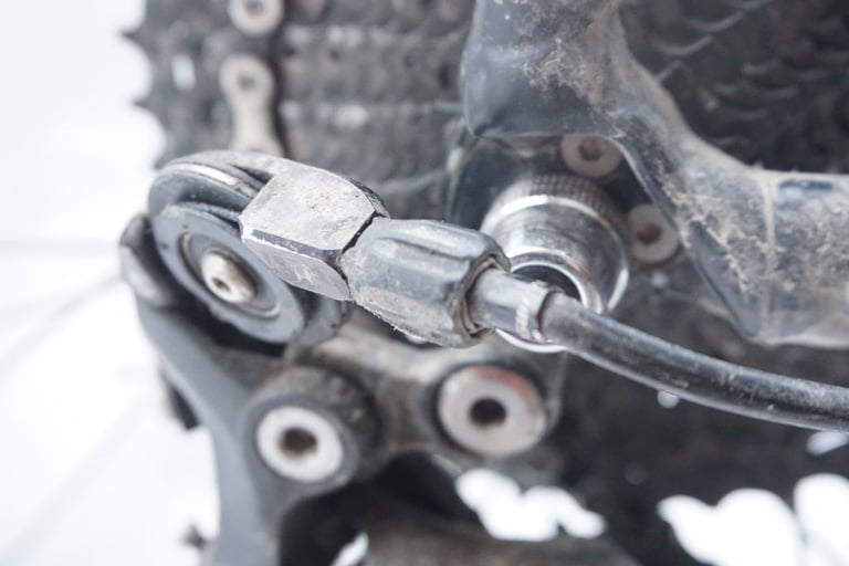 Close-up of the Wolftooth Tanpan pulley and barrel adjuster with the gear cable entering it at the rear mech.