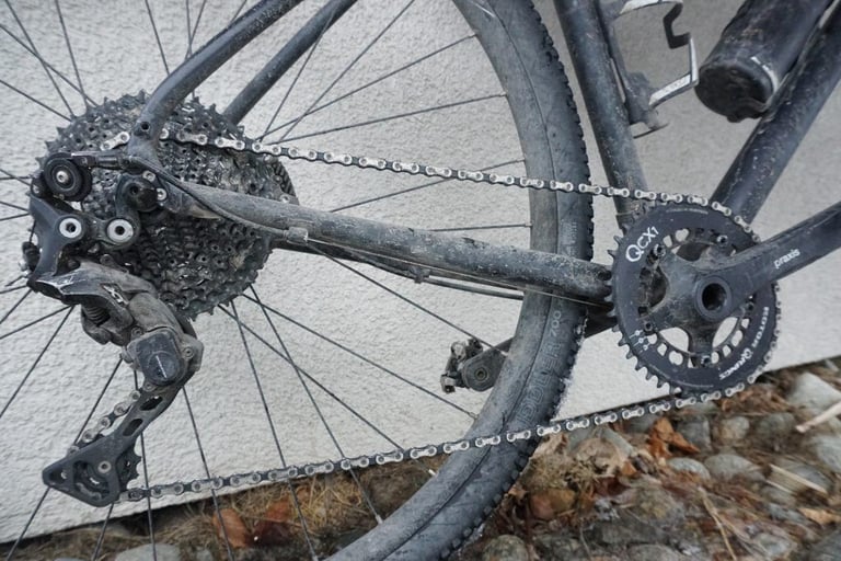 Wolftooth Tanpan on a Shimano rear mech with a 1x chainring and wide-range cassette on a muddy gravel bike.