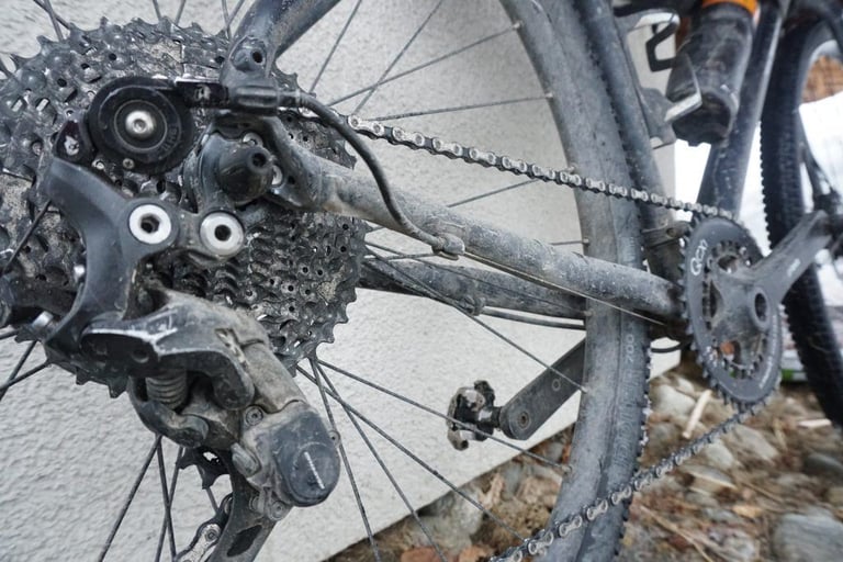 Close view of the 11-42 cassette, Shimano clutch rear mech and Tanpan on the muddy Pinnacle Arkose test bike.
