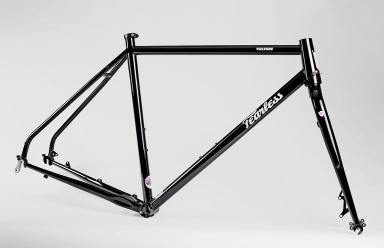 Black Reynolds steel Fearless Vulture frameset and fork shot side-on against a plain grey studio background.