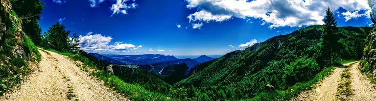 Panorama of two gravel tracks above a forested Italian valley under blue sky, seen on the Transalp route.