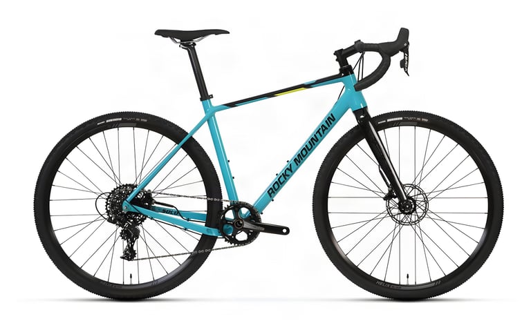 Rocky Mountain Solo 50 in turquoise, side view, with SRAM Apex1 single-ring drivetrain and a black carbon fork.
