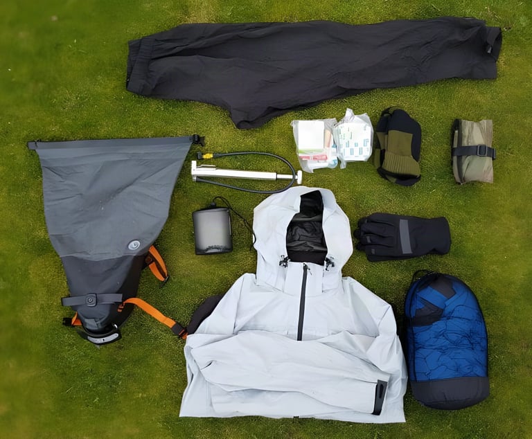 Overnight kit laid out on grass beside the Ortlieb seat pack: jacket, trousers, sleeping bag, pump and first-aid kit.