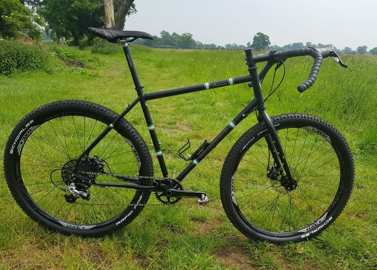 Light Blue Darwin One By MT in profile on a grassy field, fitted with drop bars, disc brakes and 29in wheels.