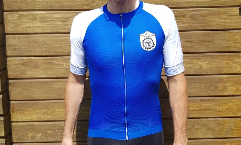 Galibier Map Jersey in royal blue with white sleeves and a full-length white zip, seen from the front.