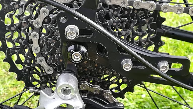 Sliding rear dropout on the Darwin One By MT, bolted beside the cassette and disc brake calliper.
