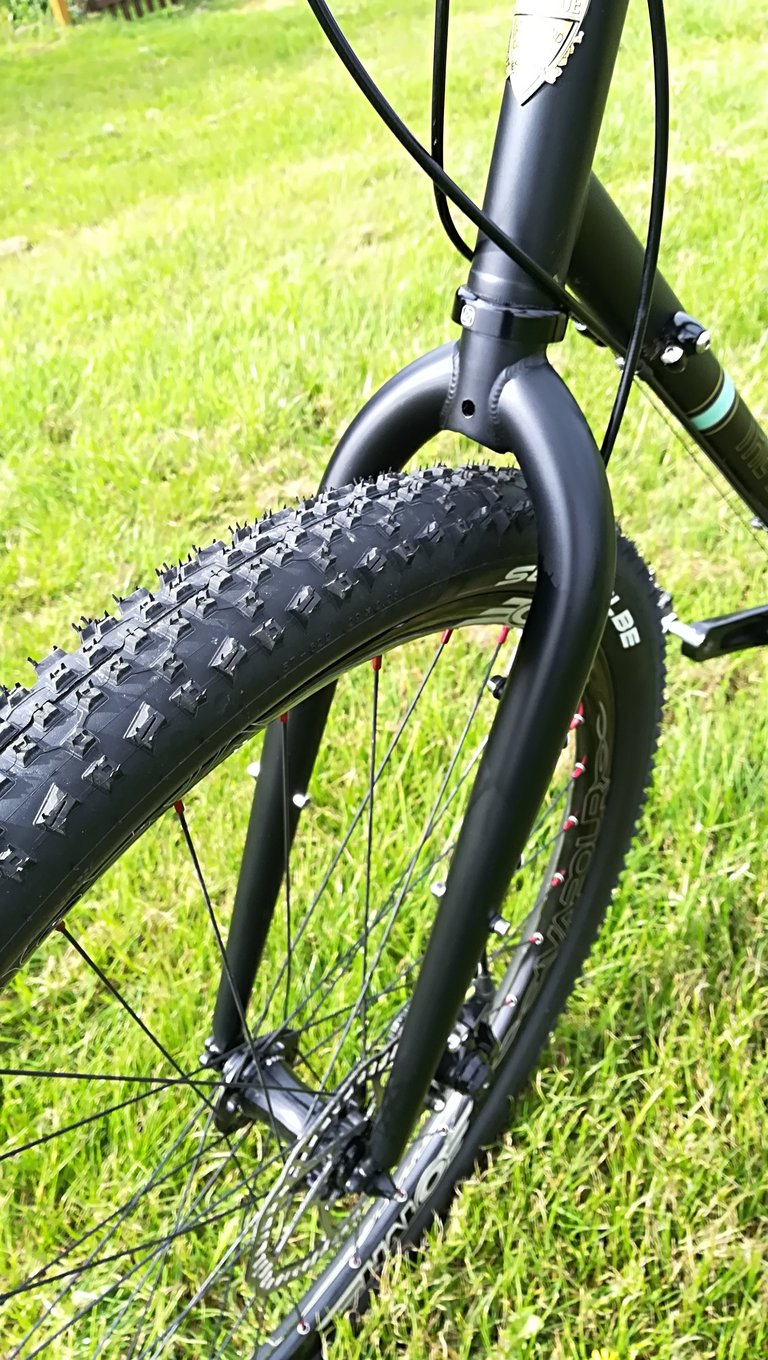 Wide black fork on the Light Blue Darwin One By MT with a knobbly 2.25in tyre and disc brake.