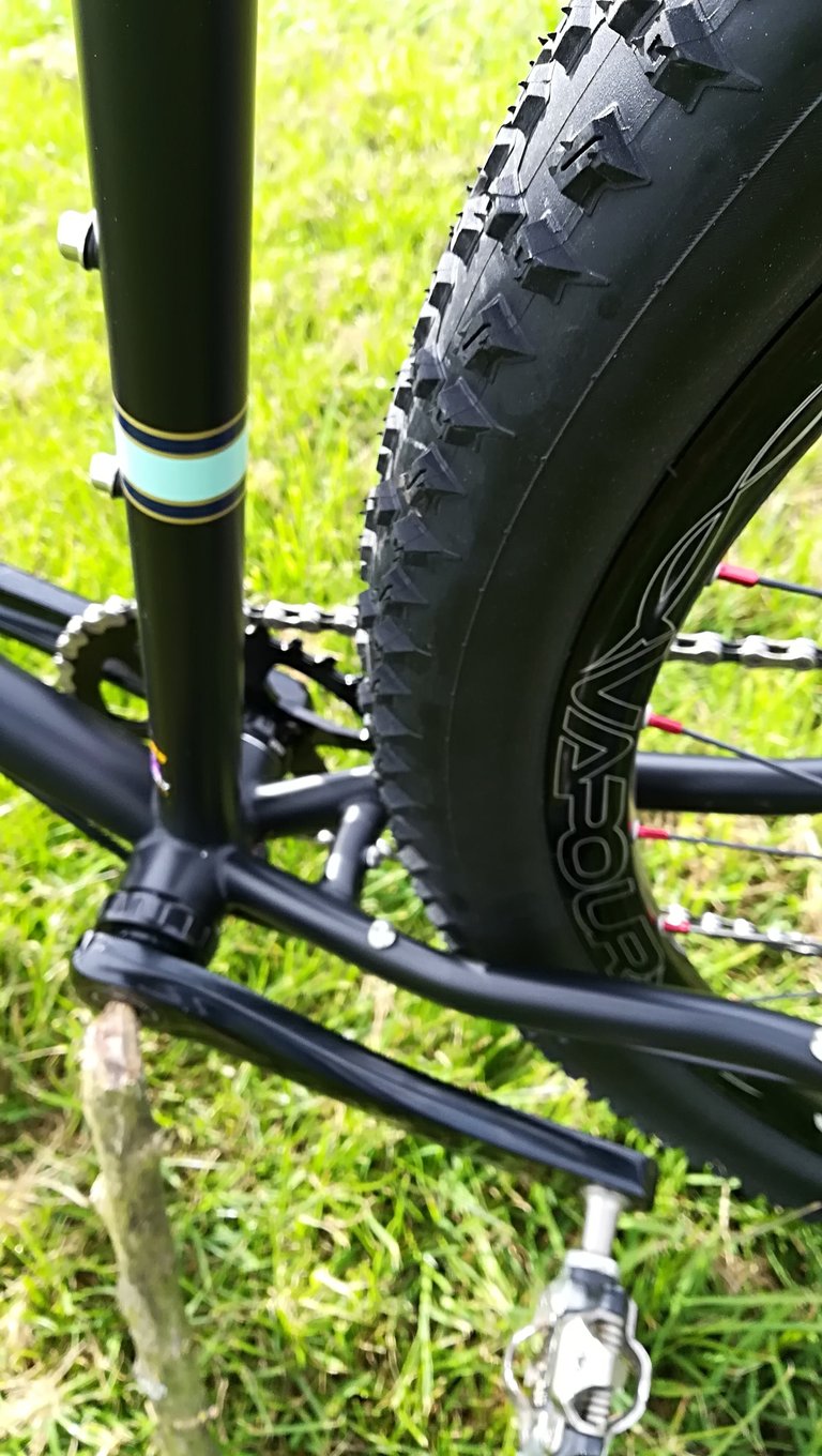 Seat tube and chainstays of the Darwin One By MT showing wide tyre clearance around the rear wheel.
